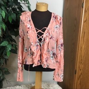 Rue 21 Medium blouse with bell sleeve tie front and ruffle detail peach …
